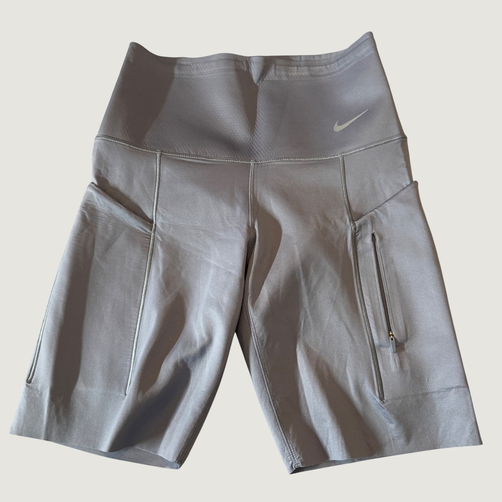 Nike Go Womens Biker Shorts S Blue Grey Dri-FIT Pockets Stretch 8" Firm Support